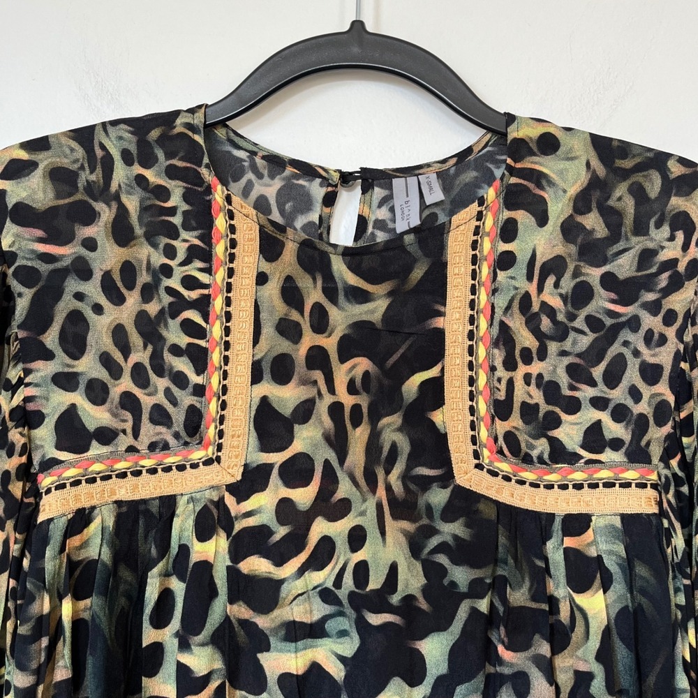 Bl^nk London Joelle Leopard Print Peasant Blouse XS Black Green - Picture 7 of 16